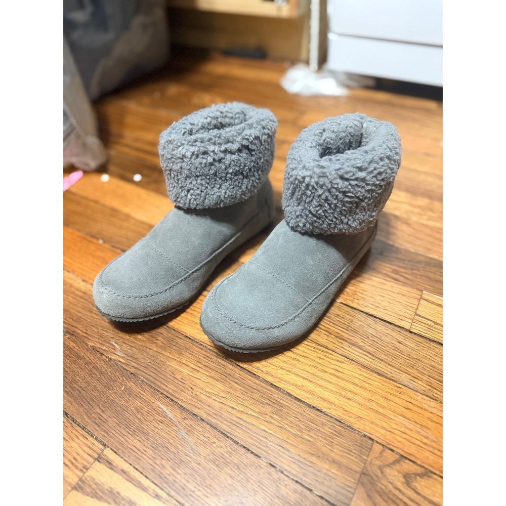 Sorel Nakiska Bootie Women 7 Grey Good Suede Faux Fur Slippers NL5058-052